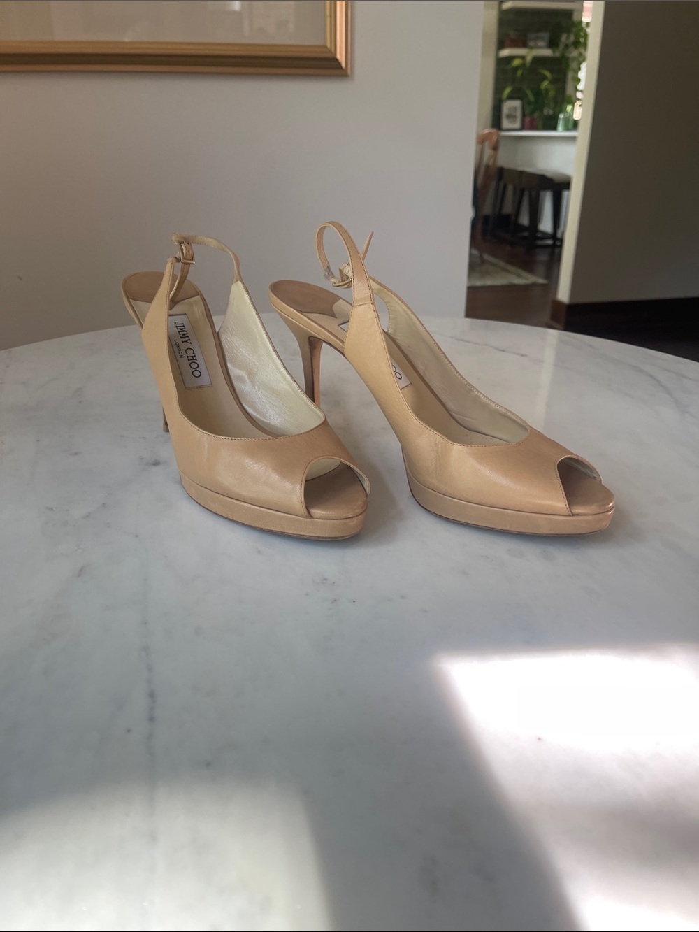 Jimmy Choo Nude Peep-Toe Slingback Platform Heels